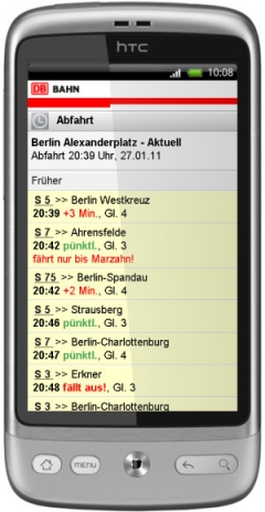 HTC Desire mit Echtzeitdaten der Berliner S-Bahn