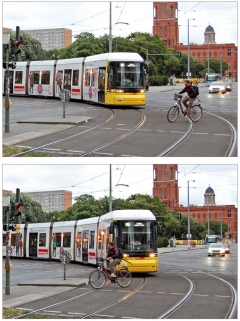 Radfahrer vor Straßenbahn